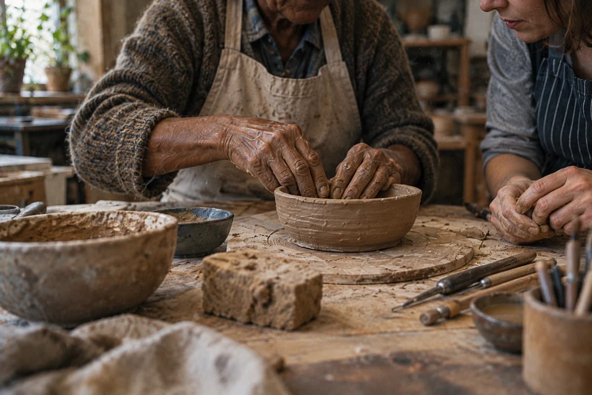 An older maker shaping clay beside a companion at a pottery table.